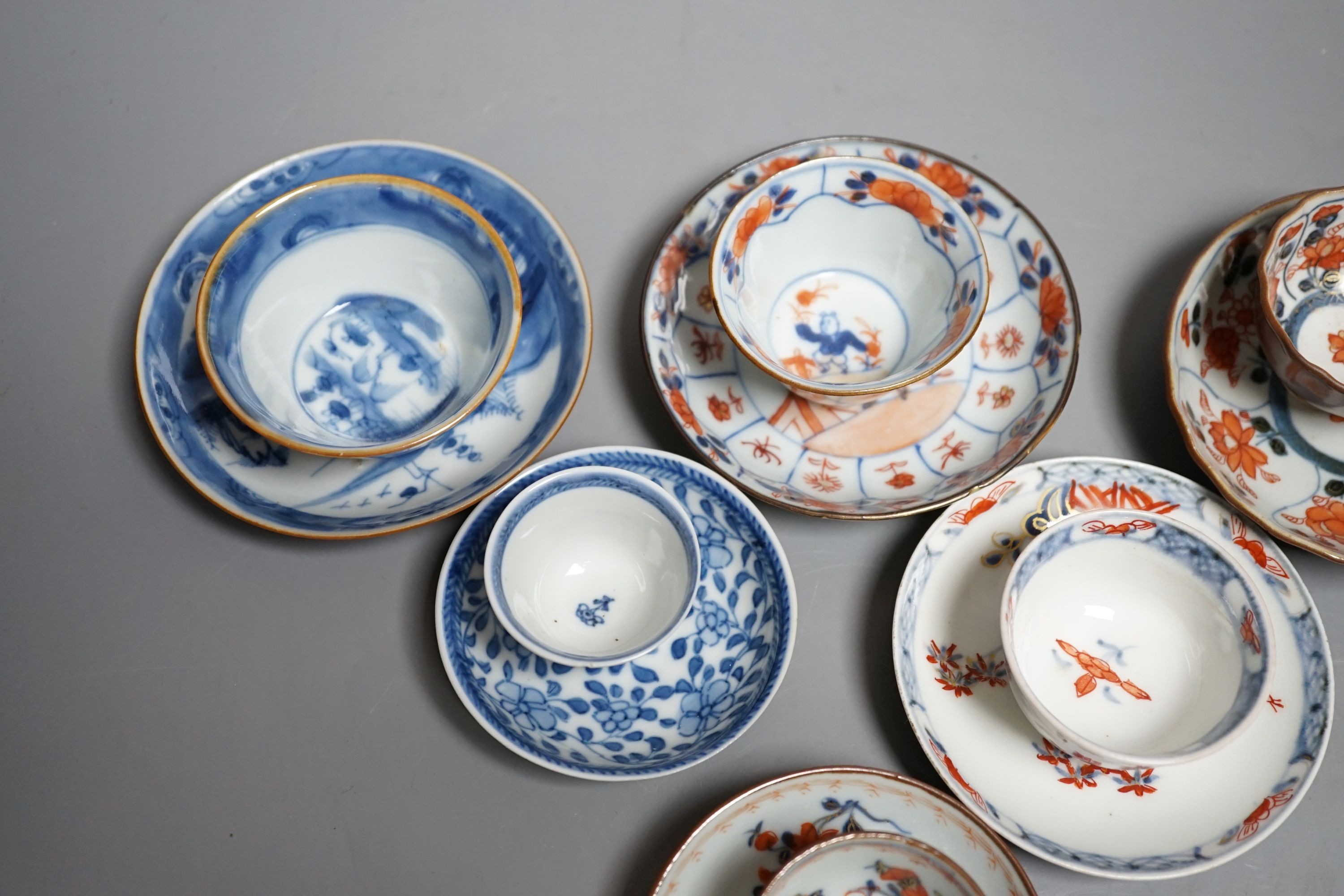 Six Chinese export porcelain teabowls and saucers, Kangxi to early Qianlong period. Provenance - Mona Sattin collection of miniature cups and saucers, collection no.s 310, 317, 324-326 and 328.